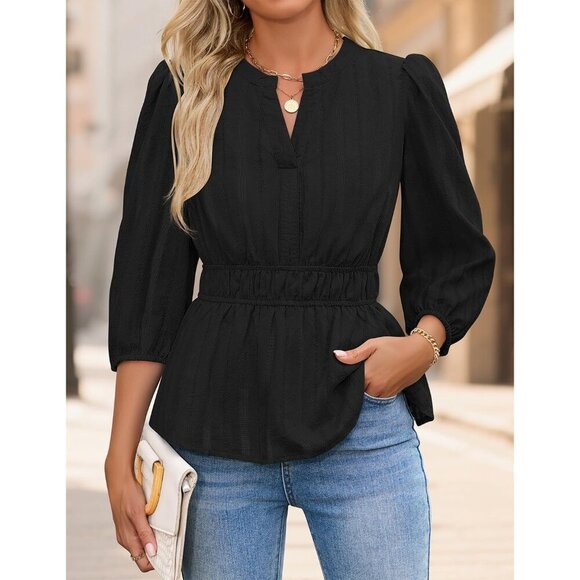 Women's Cotton Babydoll Tops V-Neck Puff Sleeve Casual Dressy Fall - Picture 2 of 7